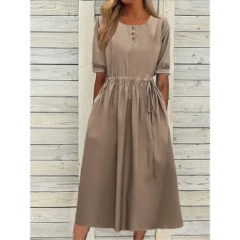 Women's Casual Dress Cotton Linen Dress Swing Dress Midi Dress Cotton Blend Basic Modern Outdoor Daily Crew Neck Lace up Pocket Half Sleeve Summer Spring Fall Loose Fit Navy Blue Blue Light