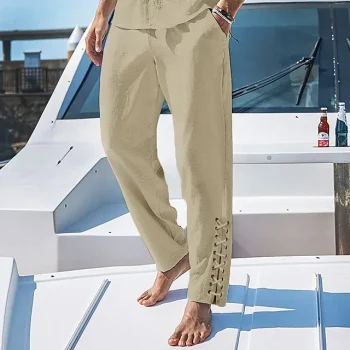 Men's Linen Pants Trousers Summer Pants Beach Pants Elastic Waist Leg Drawstring Grommets Plain Comfort Breathable Casual Daily Holiday Linen / Cotton Blend Fashion Streetwear Black White