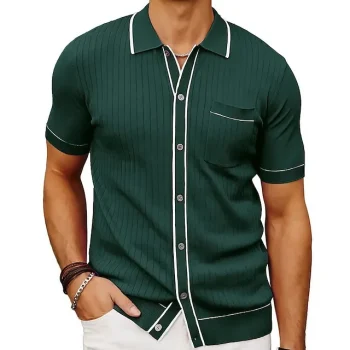 Men's Knit Polo Sweater Business Polo Business Casual Lapel Short Sleeve Modern Solid / Plain Color Button Front Summer Dark Navy Green Rose Red Knit Polo Sweater