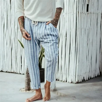 Men's Trousers Summer Pants Beach Pants Pocket Drawstring Elastic Waist Stripe Comfort Breathable Casual Daily Holiday Fashion Classic Style Navy Blue Blue