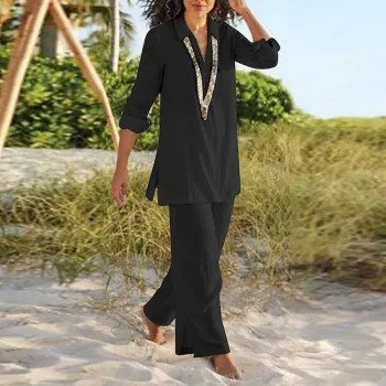 Women's Pants Sets Plain Casual Daily Black Camel Beige Long Sleeve Elegant Vintage Fashion V Neck Regular Fit Summer Spring Fall
