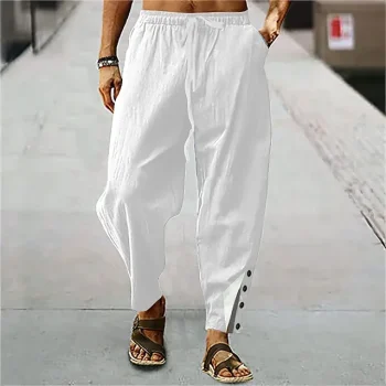 Men's Linen Pants Trousers Summer Pants Beach Pants Carrot Pants Button Drawstring Elastic Waist Plain Comfort Breathable Casual Daily Holiday Linen Cotton Blend Fashion Classic Style White Blue