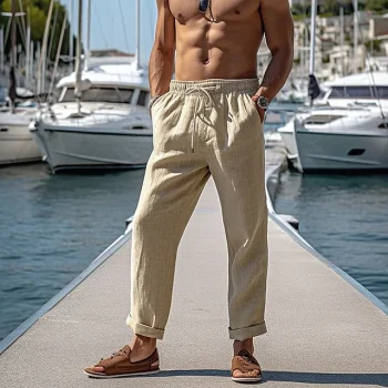 Men's Linen Pants Trousers Summer Pants Beach Pants Drawstring Elastic Waist Straight Leg Plain Comfort Breathable Casual Daily Holiday Linen / Cotton Blend Fashion Classic Style Black White