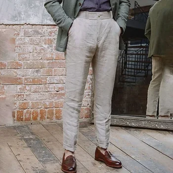 Men's Linen Pants Trousers Summer Pants Pleated Pants Pocket High Rise Plain Comfort Breathable Business Casual Linen / Cotton Blend Fashion Streetwear Black White