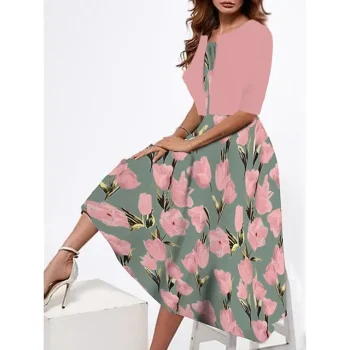 Women's Two Piece Dress Set Casual Dress Tank Dress Outdoor Daily Fashion Streetwear Print Midi Dress Strap Half Sleeve Floral Loose Fit Pink Dark Pink Peach Summer Spring S M L XL XXL