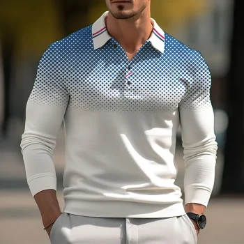 Men's Button Up Polos Polo Shirt Casual Sports Lapel Long Sleeve Fashion Basic Polka Dot Geometic Button Summer Regular Fit Black White Red Blue Gray Button Up Polos