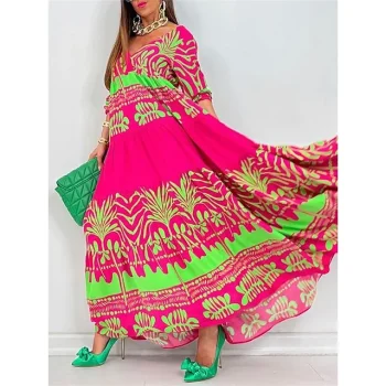 Women's Satin Dress Swing Dress Floral Color Block Print V Neck Maxi long Dress Fashion Streetwear Outdoor Daily Half Sleeve Loose Fit Red Summer Spring S M L XL XXL