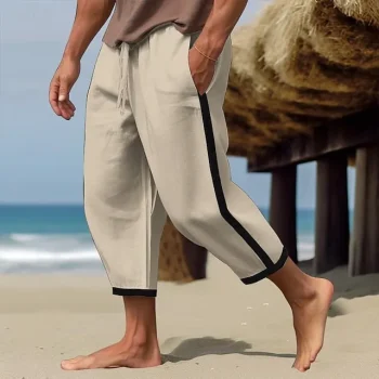 Men's Linen Pants Summer Pants Beach Pants Patchwork Zipper Drawstring Color Block Comfort Breathable Casual Daily Holiday Linen / Cotton Blend Fashion Classic Style White Blue