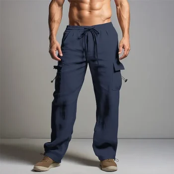 Men's Joggers Linen Pants Trousers Summer Pants Beach Pants Drawstring Elastic Waist Multi Pocket Plain Comfort Breathable Casual Daily Holiday Linen / Cotton Blend Fashion Classic Style Black White