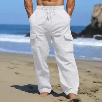 Men's Cargo Pants Linen Pants Trousers Summer Pants Drawstring Multi Pocket Straight Leg Plain Comfort Breathable Outdoor Daily Going out Linen / Cotton Blend Fashion Casual White
