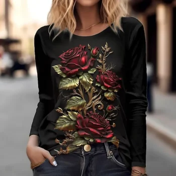 Women's T shirt Tee Floral Holiday Weekend Black Print Long Sleeve Daily Basic Round Neck Regular Fit Fall & Winter