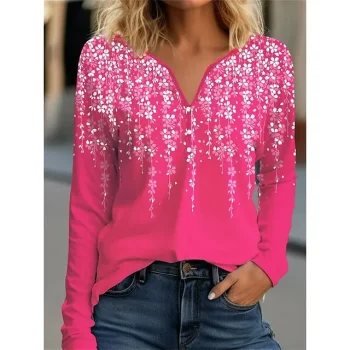 Women's T shirt Tee Henley Shirt Floral Holiday Weekend Grass Green Red Blue Button Long Sleeve Daily Basic Neon & Bright V Neck Regular Fit Fall & Winter