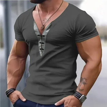 Men's T shirt Tee Tee Top Plain V Neck Street Vacation Long Sleeve Lace up Clothing Apparel Fashion Designer Basic