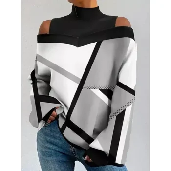 Women's Shirt Blouse Geometric Casual Cold Shoulder Red Blue Green Print Cut Out Long Sleeve Daily Basic Turtleneck High Neck Regular Fit Fall & Winter