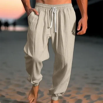 Men's Linen Pants Trousers Summer Pants Beach Pants Drawstring Elastic Waist Elastic Cuff Plain Comfort Breathable Casual Daily Holiday Linen / Cotton Blend Fashion Classic Style ArmyGreen Navy Blue