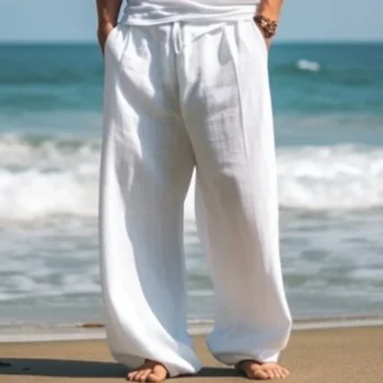 Men's Linen Pants Trousers Summer Pants Pocket Drawstring Elastic Waist Plain Comfort Breathable Outdoor Daily Going out Linen / Cotton Blend Fashion Casual Black White