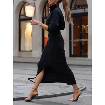 Women‘s Black Dress Two Piece Dress Set Shirt Dress Casual Dress Outdoor Office Fashion Basic Button Split Maxi long Dress Shirt Collar Long Sleeve Plain Loose Fit Black Spring Black Cocktail Dress