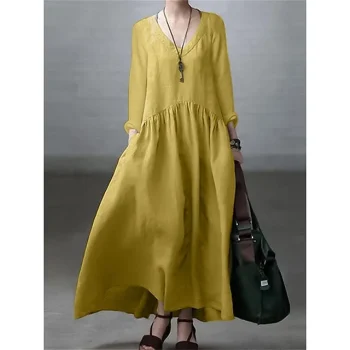 Women's Casual Dress Cotton Dress Swing Dress Maxi long Dress Linen Basic Classic Outdoor Daily Vacation V Neck Ruched Long Sleeve Spring Fall Winter Loose Fit ArmyGreen Black White Plain S M L