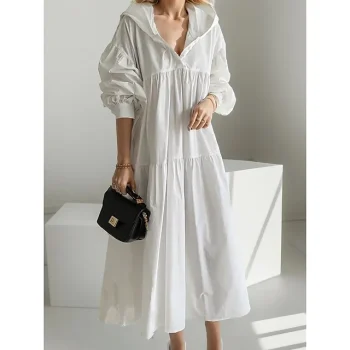 Women's White Dress Casual Dress Cotton Linen Dress Maxi long Dress Linen Cotton Blend Fashion Basic Outdoor Daily Vacation Hooded Ruched Pocket Long Sleeve Fall Winter Autumn Loose Fit Black