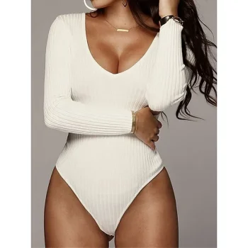 Women's Bodysuit High Waist Solid Color V Neck Streetwear Daily Vacation Regular Fit Long Sleeve Black White Red S M L Fall