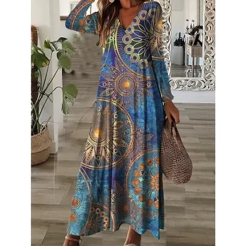 Women's Winter Dress T Shirt Dress Tee Dress Floral Geometric Pocket Print V Neck Long Dress Maxi Dress Fashion Streetwear Outdoor Daily Long Sleeve Regular Fit Red Blue Fall Winter S M L XL XXL