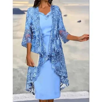 Women's Two Piece Dress Set Casual Dress Lace Dress Outdoor Date Fashion Elegant Lace Trim Midi Dress V Neck 3/4 Length Sleeve Plain Loose Fit Blue Fall Winter S M L XL XXL