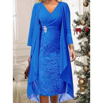 Women's Two Piece Dress Set Casual Dress Lace Dress Going out Elegant Casual Lace Midi Dress V Neck Long Sleeve Plain Regular Fit Wine Blue Fall Winter S M L XL XXL
