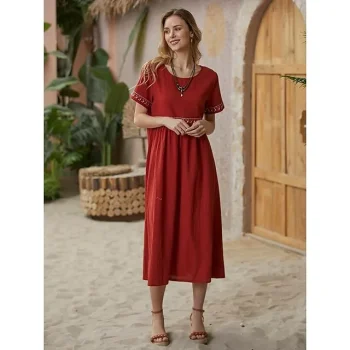 Women's Linen Dress Casual Dress Swing Dress Midi Dress Cotton Blend Linen Daily Classic Outdoor Holiday Date Crew Neck Ruched Embroidered Short Sleeve Fall Winter Autumn High-end Series Loose Fit