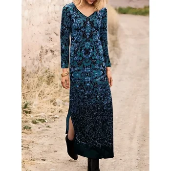 Women's Winter Dress Print Dress Floral Print Split Crew Neck Long Dress Maxi Dress Fashion Streetwear Outdoor Daily Long Sleeve Regular Fit Yellow Red Blue Fall Winter S M L XL XXL