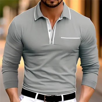 Men's Business Polo Golf Shirt Casual Sports Lapel Long Sleeve Fashion Basic Plain Button Spring & Fall Regular Fit Wine Dark Blue Gray Business Polo