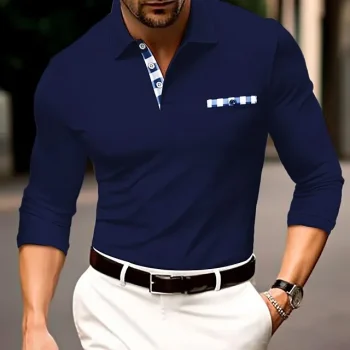 Men's Polo Shirt Golf Shirt Casual Sports Lapel Long Sleeve Fashion Basic Color Block Button Front Pocket Spring & Fall Regular Fit Black White Navy Blue Gray Polo Shirt