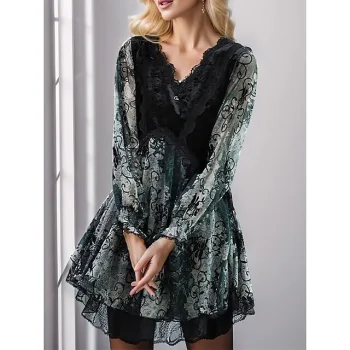 Women's Velvet Dress Lace Dress Floral Print Lace V Neck Mini Dress Fashion Mature Outdoor Street Long Sleeve Loose Fit Green Fall Winter S M L XL XXL