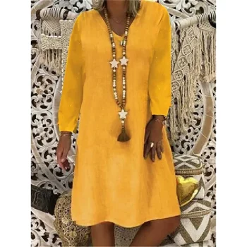 Women's Casual Dress Cotton Linen Dress Midi Dress Cotton Basic Classic Outdoor Daily Vacation V Neck Basic Long Sleeve Spring Fall Autumn Loose Fit Black Yellow Red Plain S M L XL 2XL