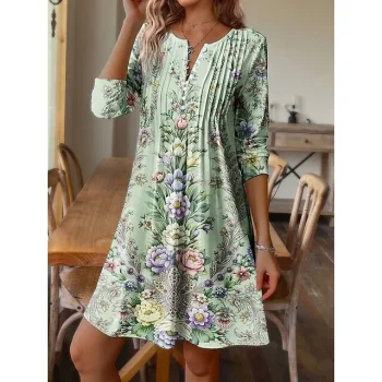 Women's Print Dress Floral Print Ruched Split Neck Mini Dress Elegant Fashion Outdoor Daily Long Sleeve Loose Fit Blue Purple Green Fall Winter S M L XL XXL