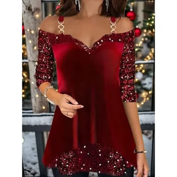 Women's T shirt Tee Velvet Sparkly Party Weekend Black Red Blue Sequins Long Sleeve Festival / Holiday V Neck Regular Fit Spring & Fall