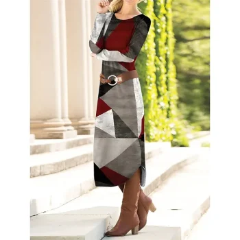 Women's Plaid Dress Winter Dress Geometric Plaid Print With Belt Crew Neck Midi Dress Fashion Streetwear Outdoor Daily Long Sleeve Loose Fit Red Gray Fall Winter S M L XL XXL