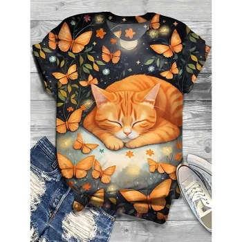 Women's T shirt Tee Cat Butterfly Daily Weekend Black Orange Green Print Short Sleeve Fashion Round Neck Regular Fit Summer