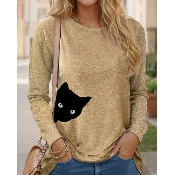 Women's T shirt Tee Cat Daily Weekend Pink Blue Green Print Long Sleeve Fashion Funny Round Neck Regular Fit Spring & Fall