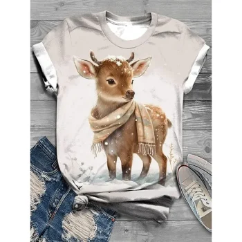Women's T shirt Tee Reindeer Weekend Black White Sky Blue Print Short Sleeve Festival / Holiday Round Neck Regular Fit Summer