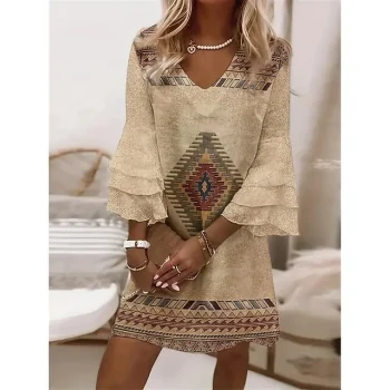 Women's Casual Dress Ethnic Dress Geometric Print Ruffle V Neck Ruffle Sleeve Mini Dress Vintage Ethnic Outdoor Daily 3/4 Length Sleeve Loose Fit Khaki Fall S M L XL XXL