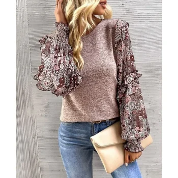 Women's Shirt Blouse Graphic Color Block Casual Black Khaki Gray Patchwork Long Sleeve Fashion Round Neck Regular Fit Spring & Fall