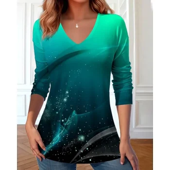 Women's T shirt Tee Graphic Daily Weekend Red Blue Green Print Long Sleeve Fashion V Neck Regular Fit Spring & Fall
