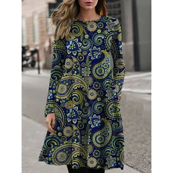 Women's Paisley Dress Casual Dress Paisley Print Pocket Crew Neck Midi Dress Fashion Streetwear Outdoor Daily Long Sleeve Regular Fit Wine Navy Blue Green Fall Winter S M L XL 2XL