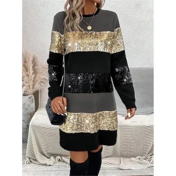Women's Sequin Dress Party Dress Cocktail Dress Mini Dress Pink Gold Long Sleeve Striped Sequins Spring Fall Winter Crew Neck Formal Winter Dress Wedding Guest Vacation Loose Fit S M L XL XXL 3XL