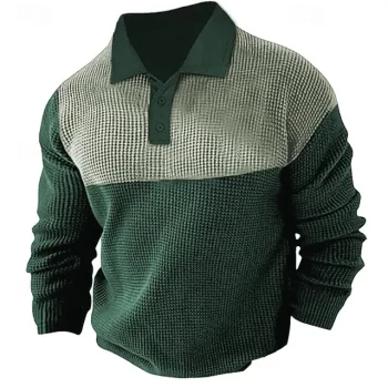 Men's Waffle Polo Shirt Golf Shirt Casual Holiday Classic Long Sleeve Fashion Basic Color Block Quick Dry Summer Spring Regular Fit Army Green Dark Navy Gray Waffle Polo Shirt