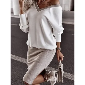 Women's Two Piece Dress Set Work Dress Skirt Set Outdoor Office Streetwear Work Patchwork Split Midi Dress V Neck Long Sleeve Plain Loose Fit White Spring Fall S M L XL