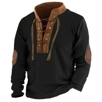 Men's T shirt Tee Tee Top Long Sleeve Shirt Color Block Standing Collar Street Vacation Long Sleeve Lace up Patchwork Clothing Apparel Fashion Designer Basic