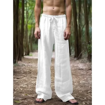 Men's Linen Pants Trousers Drawstring Elastic Waist Straight Leg Plain Comfort Breathable Casual Daily Holiday Linen Cotton Blend Fashion Classic Style Black White