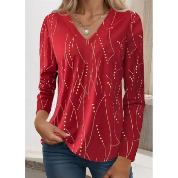 Women's T shirt Tee Striped Daily Weekend Red Blue Purple Print Long Sleeve Fashion V Neck Regular Fit Spring & Fall