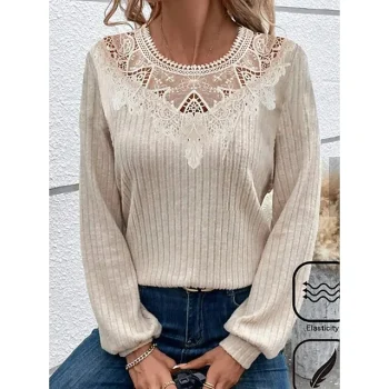 Women's Shirt Blouse Plain Casual Khaki Backless Patchwork Long Sleeve Fashion Round Neck Regular Fit Fall & Winter